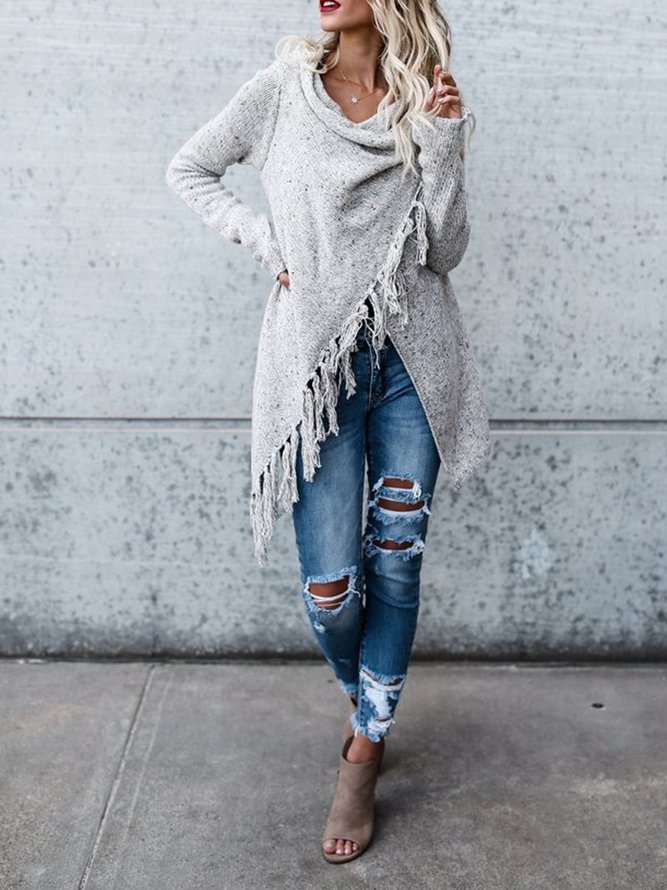 Long Sleeve Plain Knitted Fringed Cowl Neck Plus Size Cardigan
